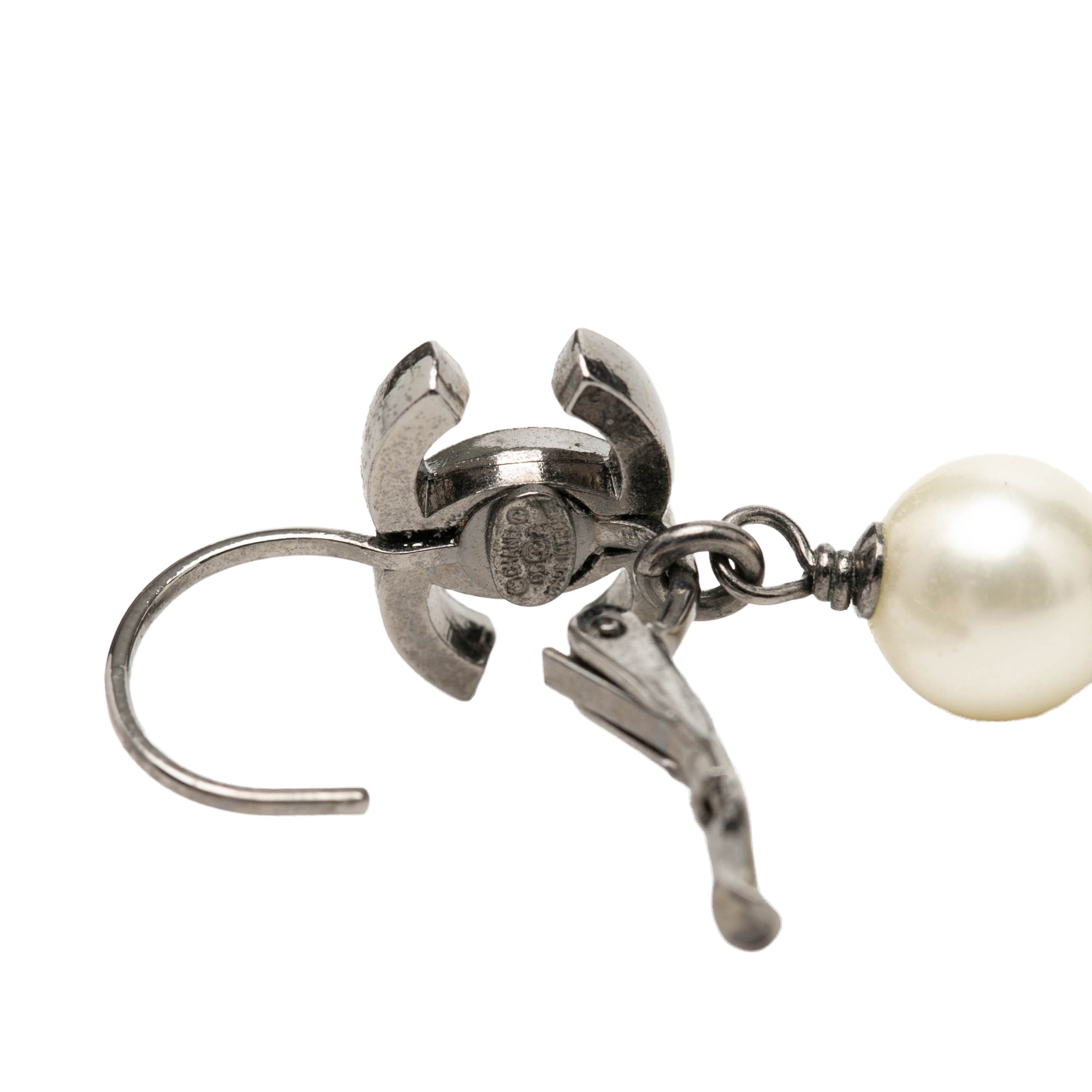 CC Brass Plated Faux Pearl Ribbon Knot Dangle Earrings - Image 3