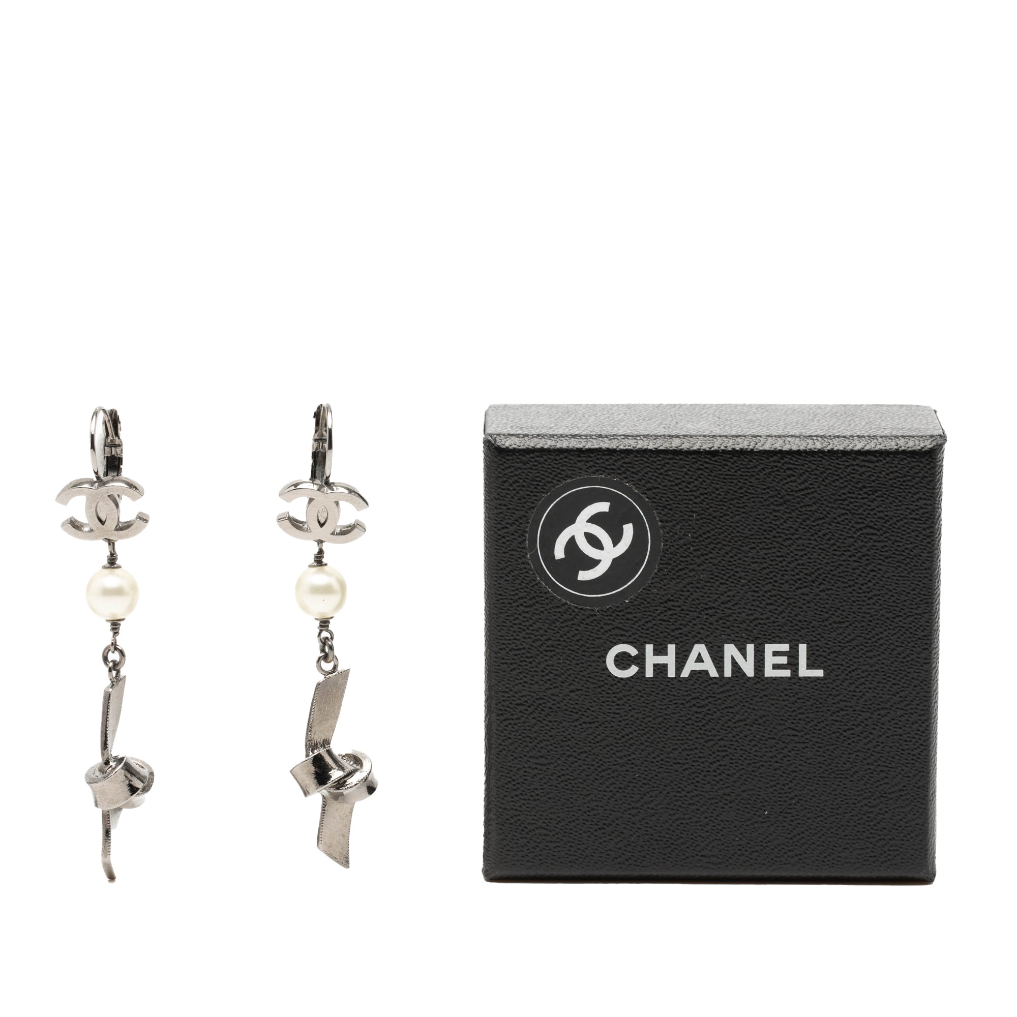 CC Brass Plated Faux Pearl Ribbon Knot Dangle Earrings - Image 4