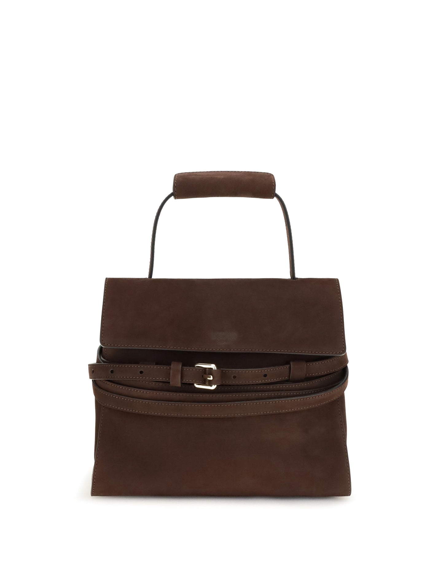 Moschino Suede Nabuk Leather With Decorative Belt Shoulder Bag — Brown
