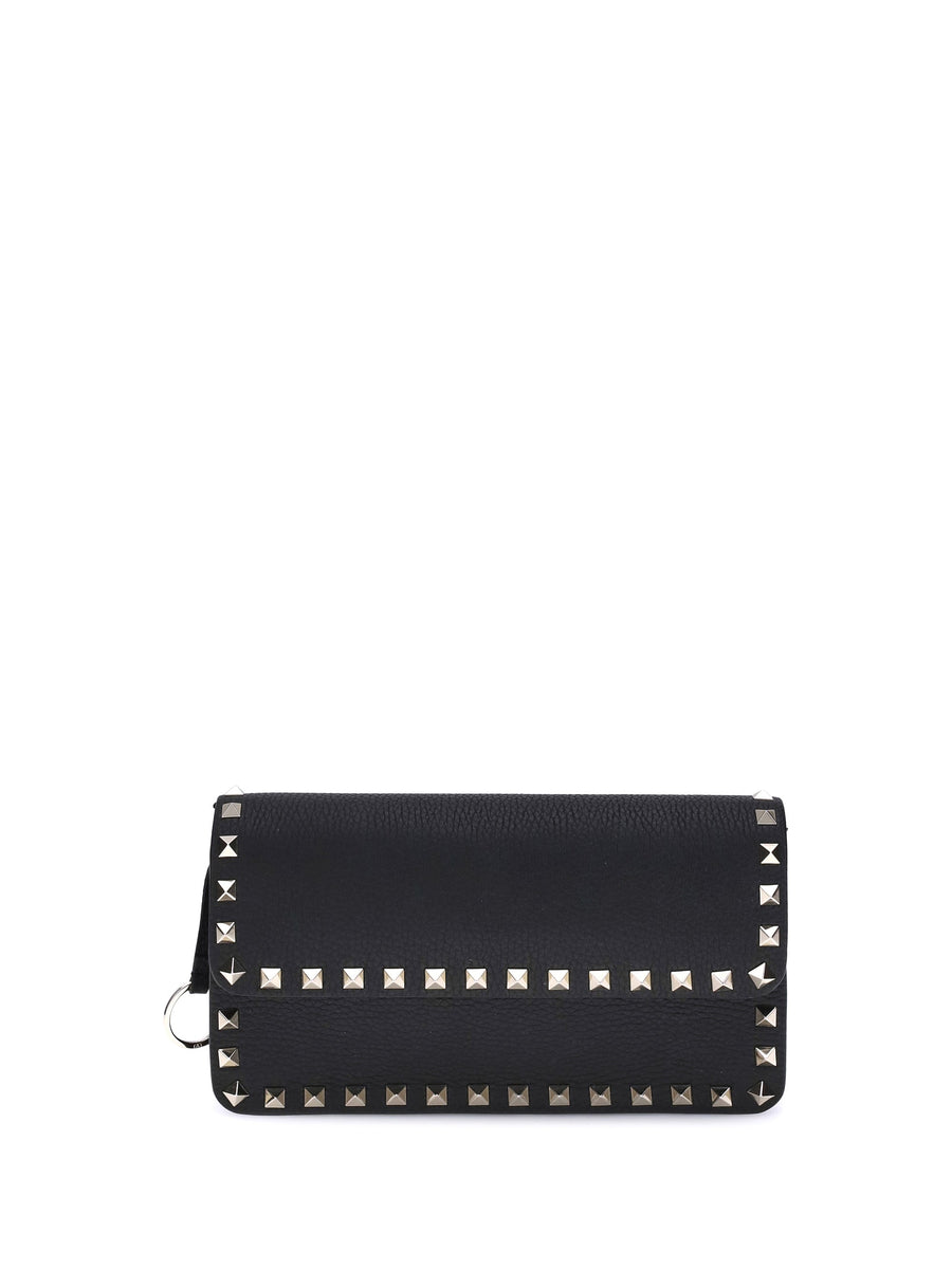 Valentino Garavani Rockstud Chain Wallet — Black Calf Leather Bos Taurus