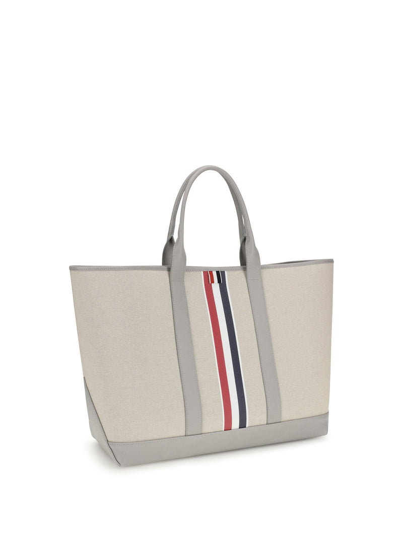 Thom Browne Canvas With Leather Trim Tote Bag — Beige