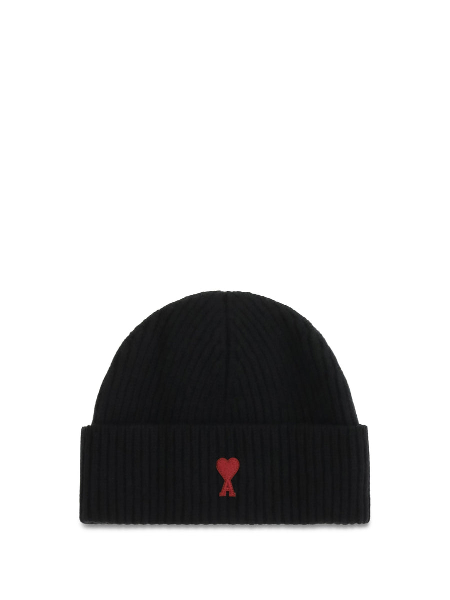 Ami Paris Bfuha116018 Beanie — Black Merino Wool Ovis Aries Beanies