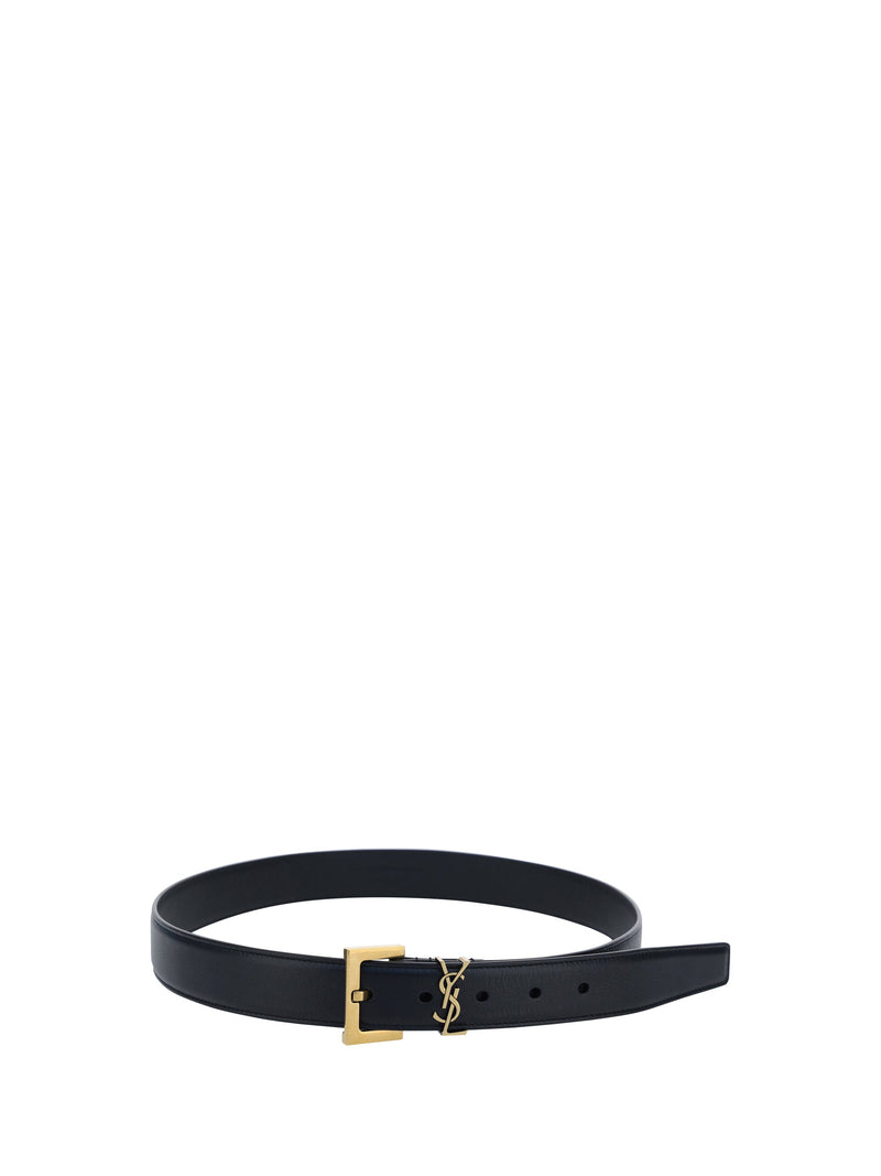 Saint Laurent Logo-Plaque Calf Leather Belt — Black Nero Bos Taurus