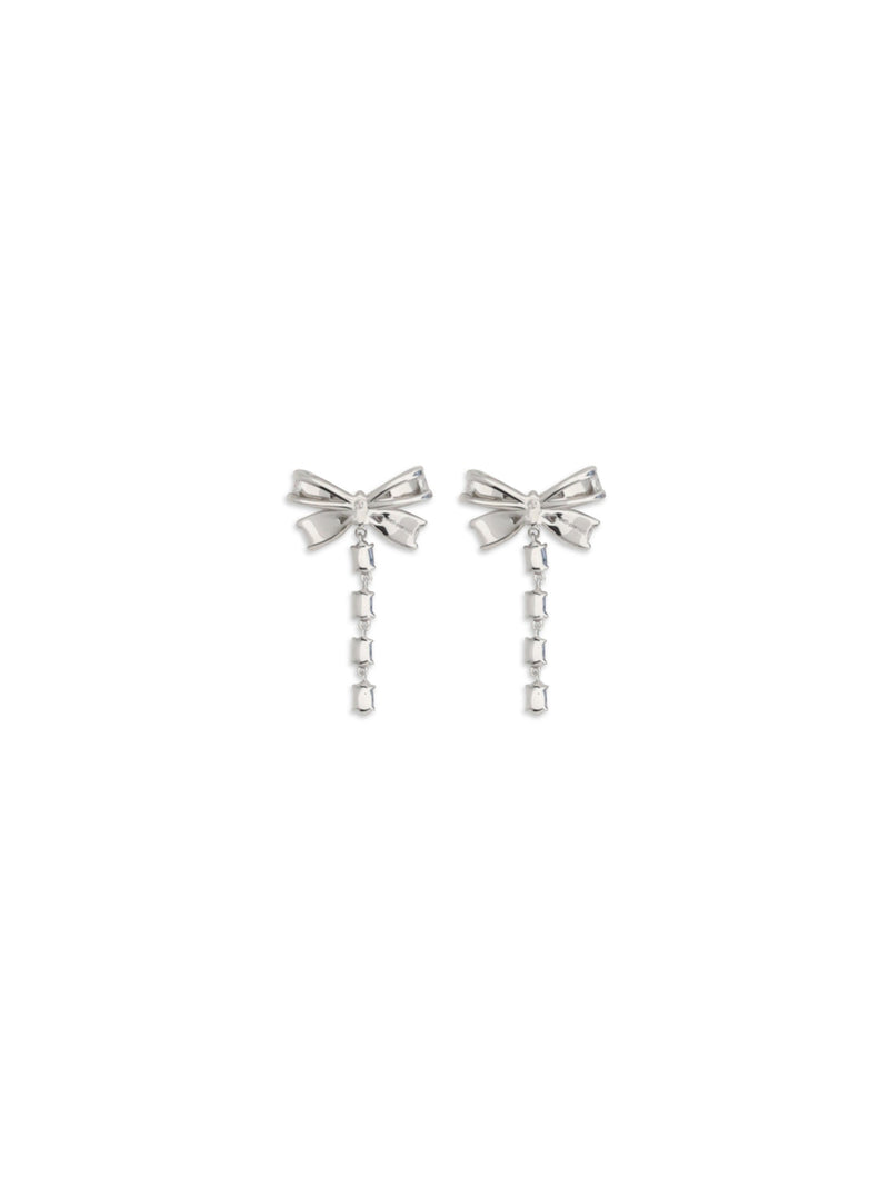 Self-Portrait Crystal Bow Drop Earrings — Silver Brass
