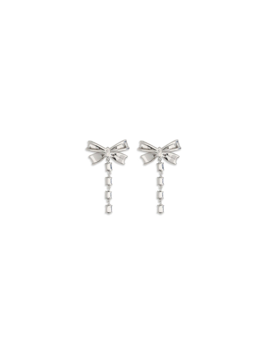 Self-Portrait Crystal Bow Drop Earrings — Silver Brass