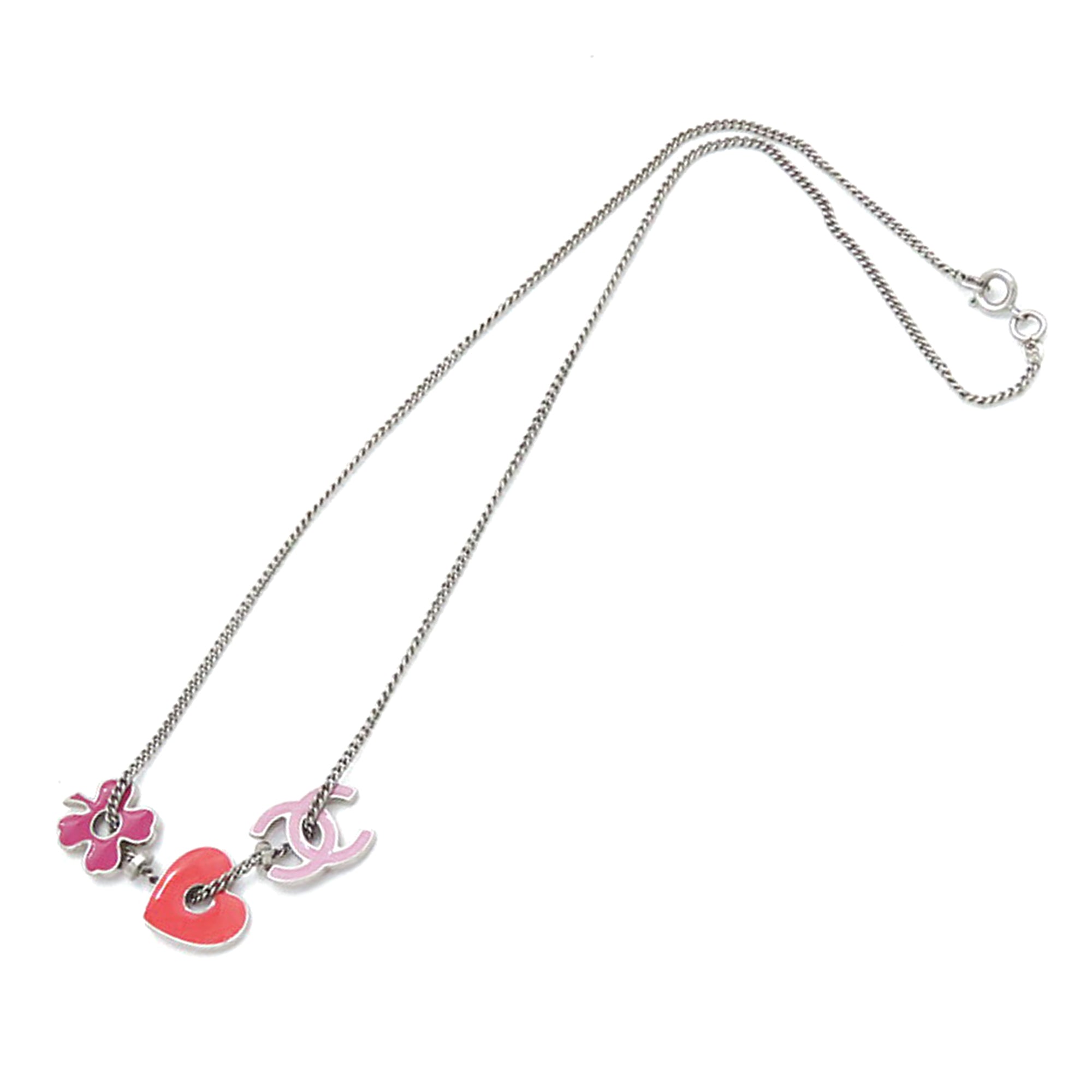 CC Silver Plated Enamel Heart and Clover Charm Pendant Necklace - Image 1