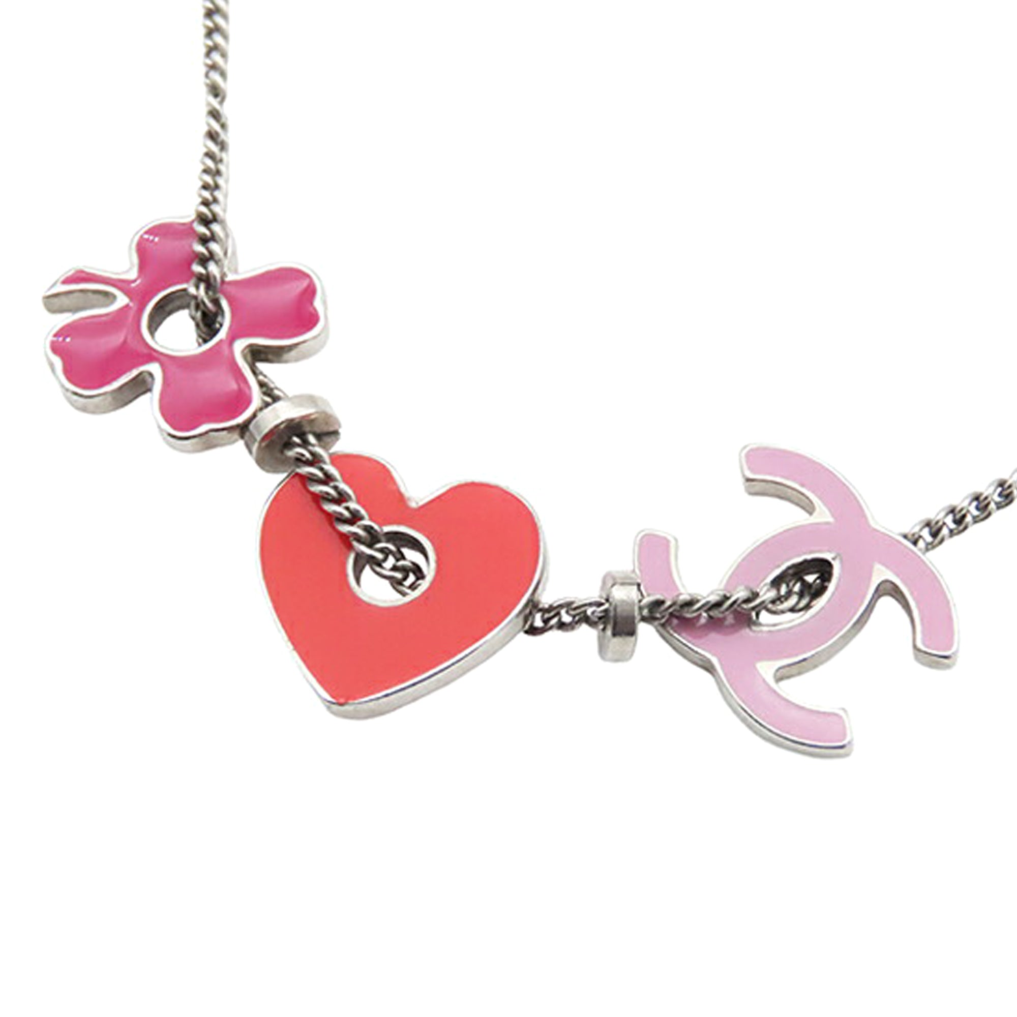 CC Silver Plated Enamel Heart and Clover Charm Pendant Necklace - Image 2