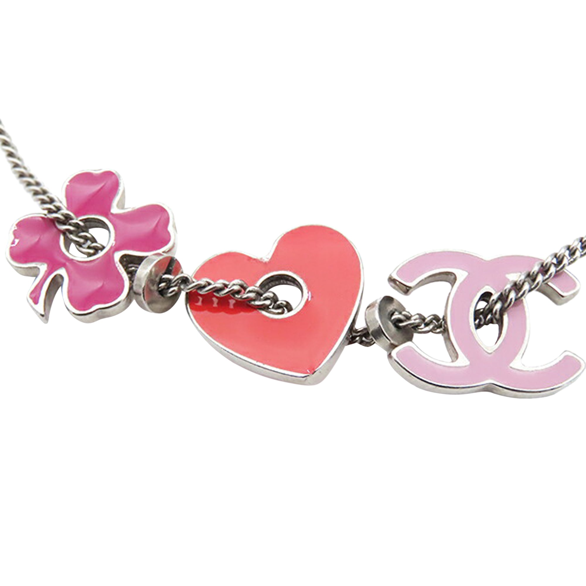 CC Silver Plated Enamel Heart and Clover Charm Pendant Necklace - Image 3