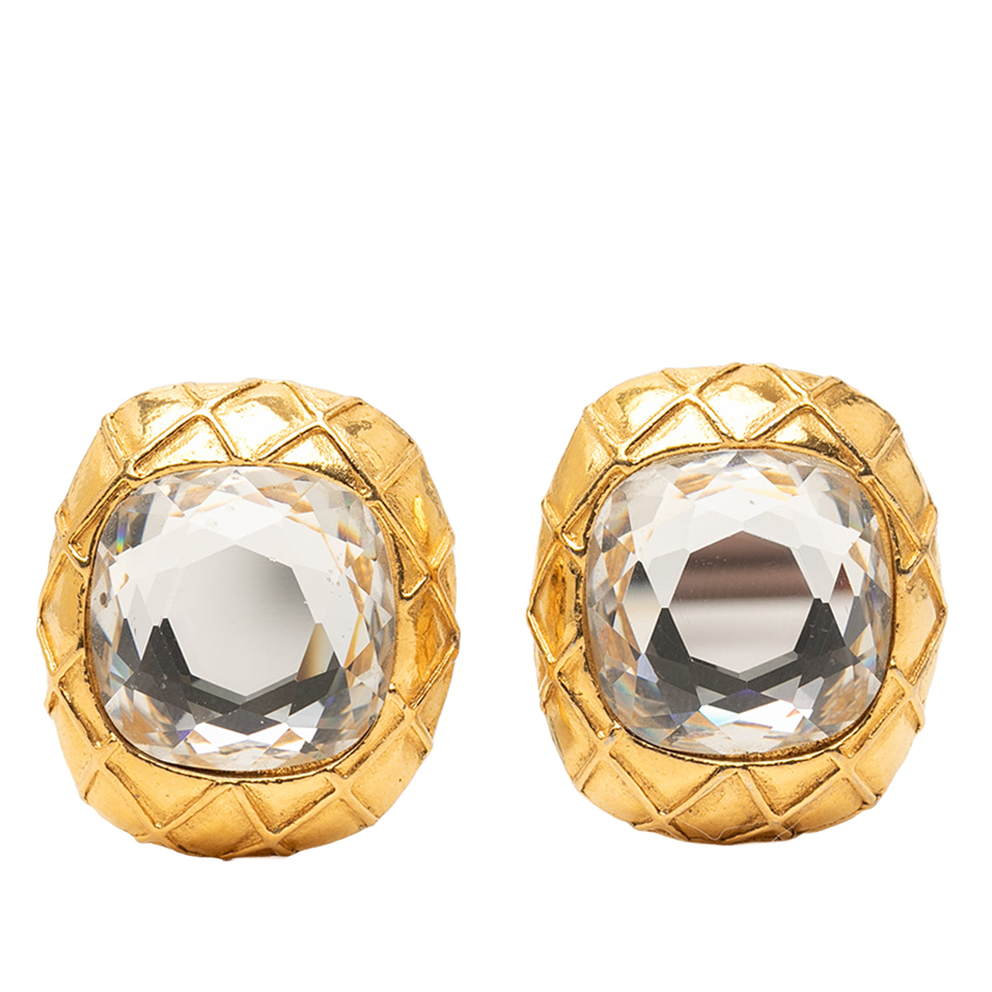 Gold Plated Quilted Large Crystal Clip On Earrings - Image 1