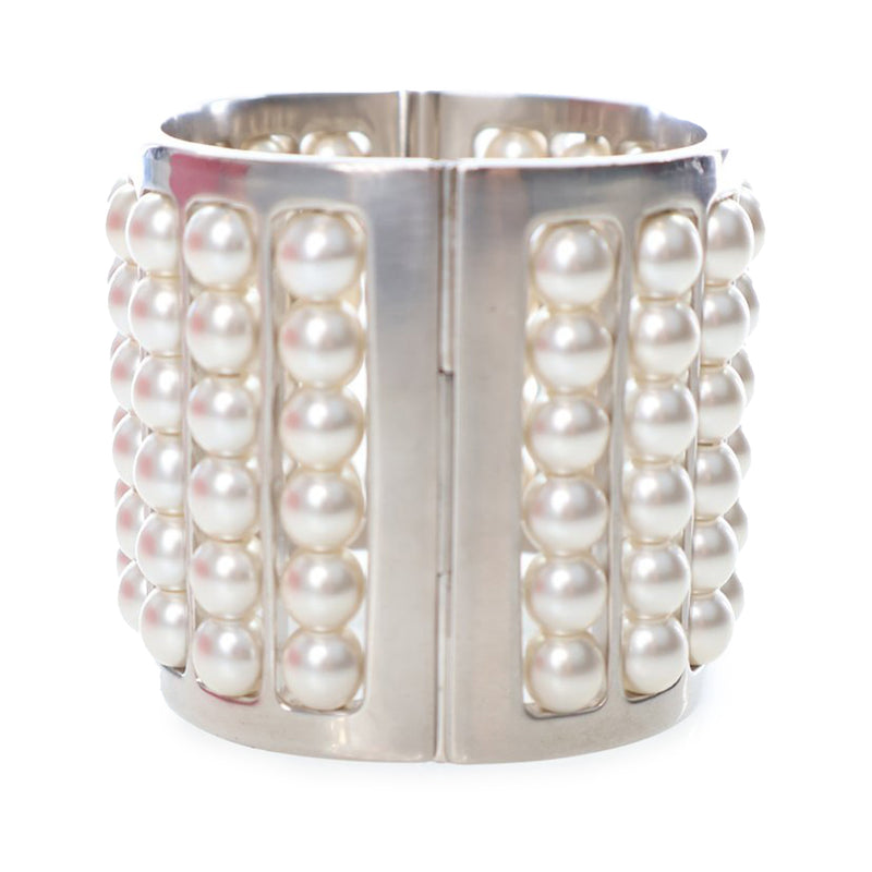 Silver Plated Wide Pearl Cuff Bracelet - Image 3