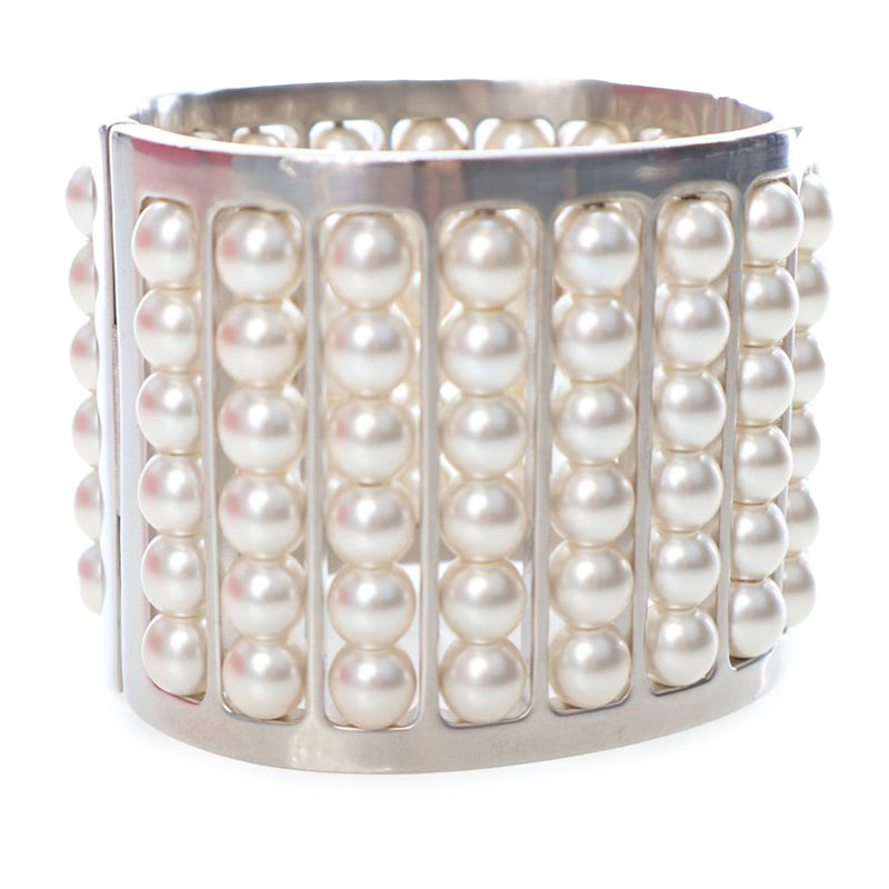 Silver Plated Wide Pearl Cuff Bracelet - Image 4