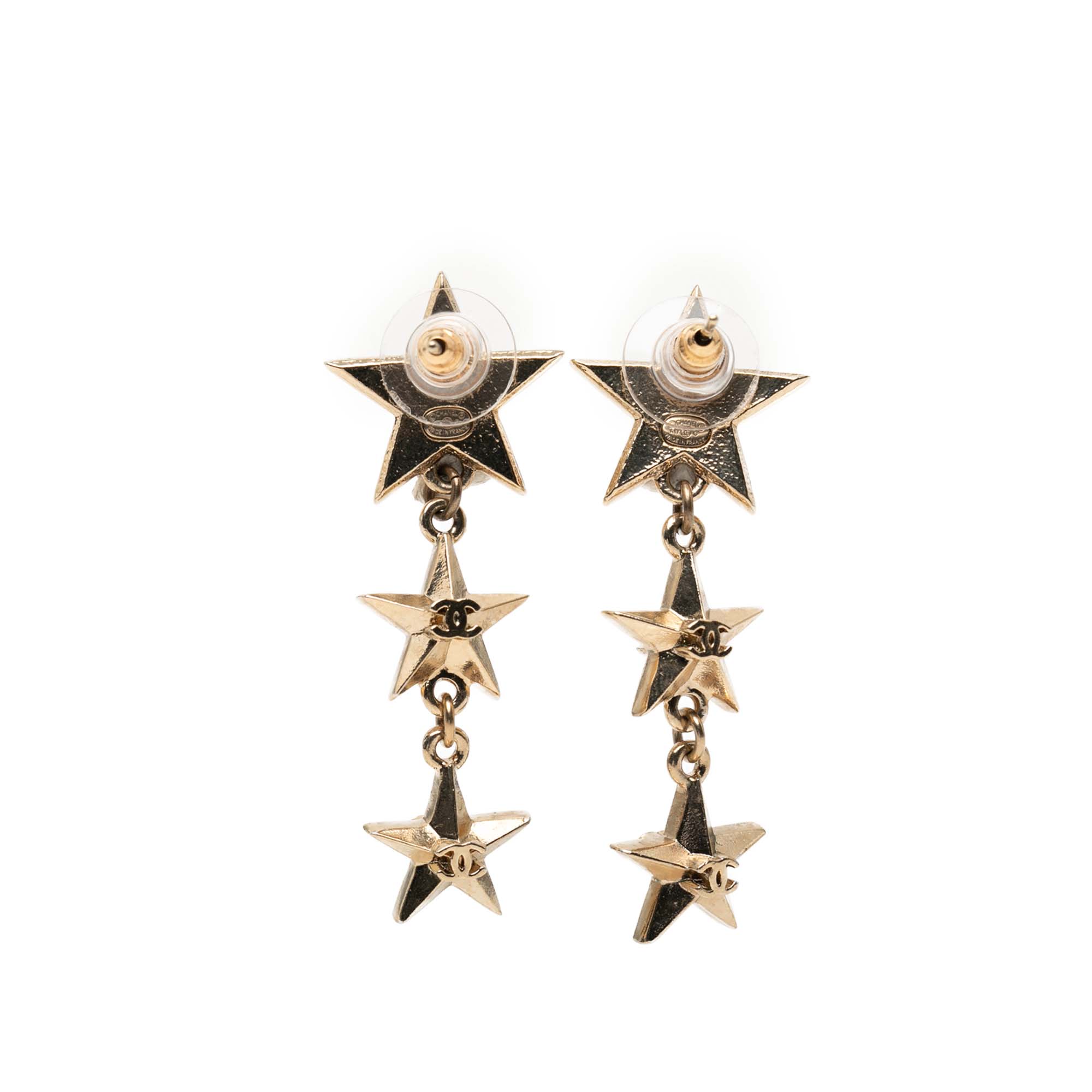 CC Gold Plated Triple Star Drop Bullet Back Earrings - Image 1