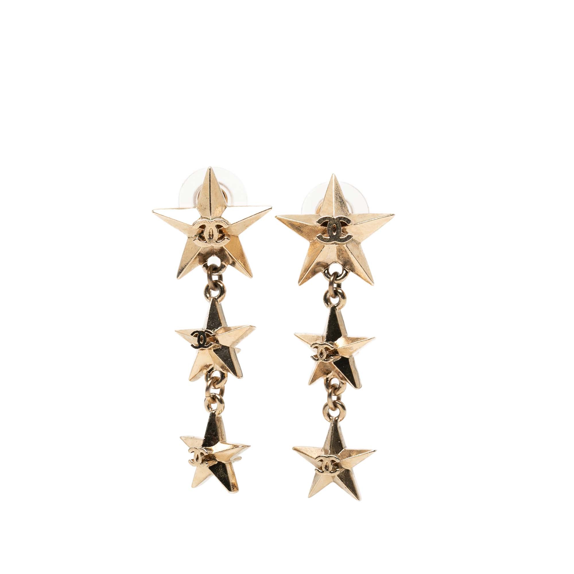 CC Gold Plated Triple Star Drop Bullet Back Earrings - Image 2