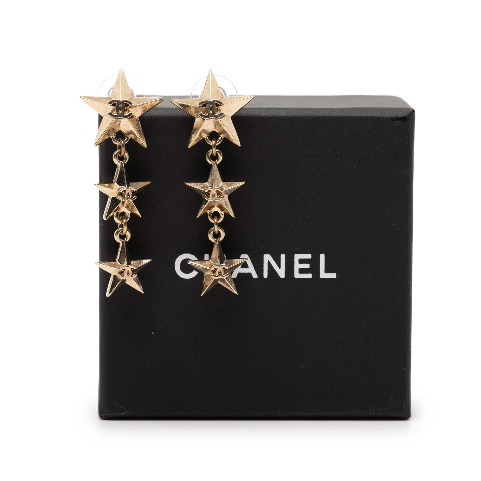 CC Gold Plated Triple Star Drop Bullet Back Earrings - Image 4