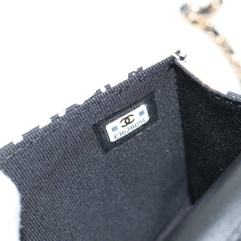 Chanel Flap Card Holder On Chain Quilted Printed Canvas Beige Satin Bag