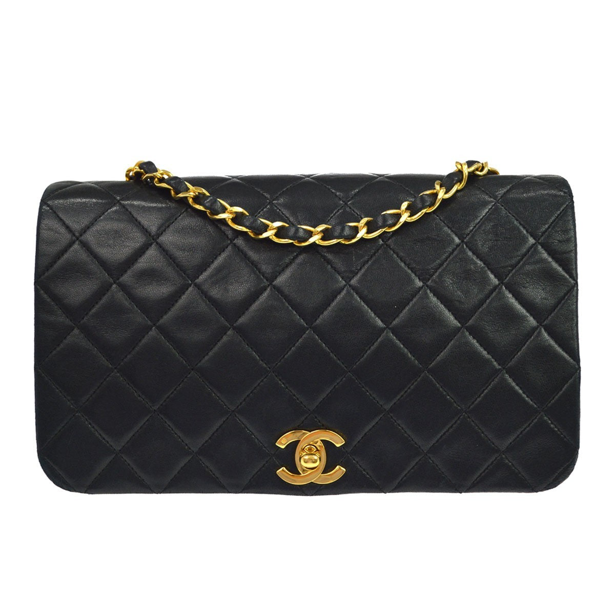Chanel Vintage Full Flap Quilted Lambskin Black Leather Bag