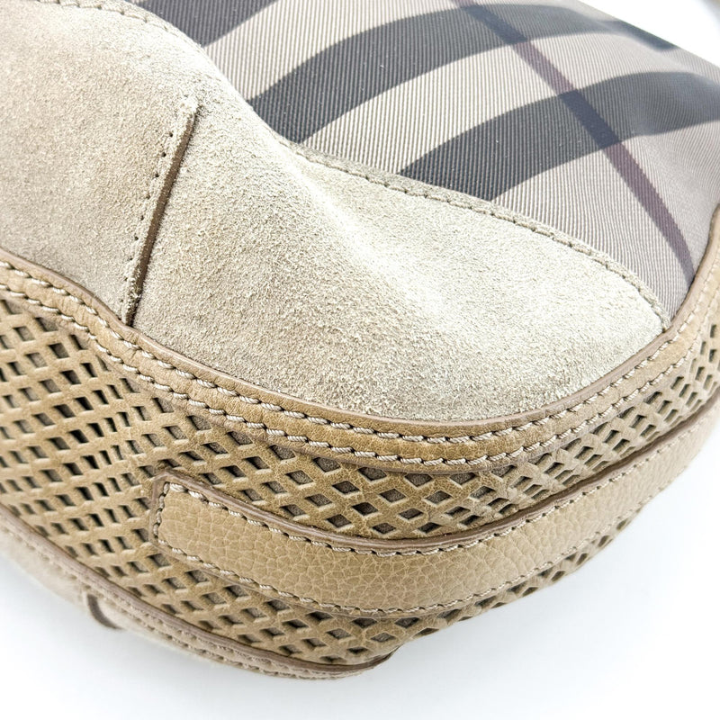 Burberry Ashwood Convertible Hobo House Check Canvas Beige Suede