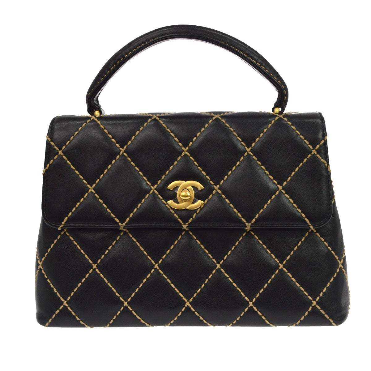 Chanel Surpique Classic Top Handle Flap Quilted Lambskin Black Leather Bag