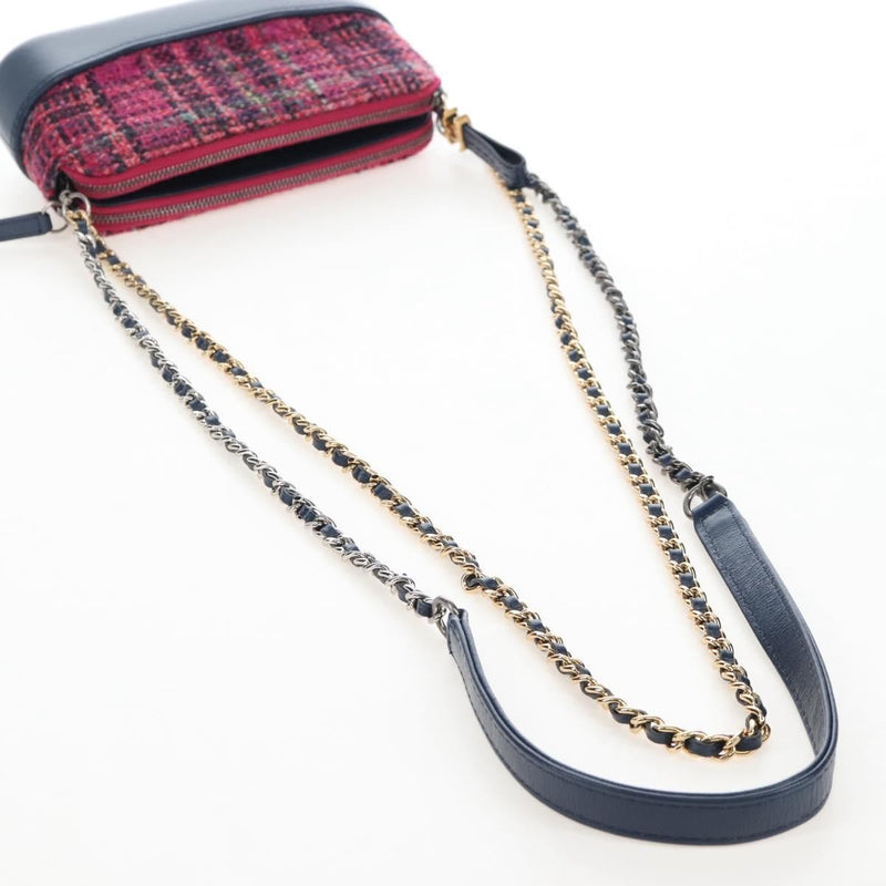 Chanel Gabrielle Double Zip Clutch With Chain Quilted Tweed Pink