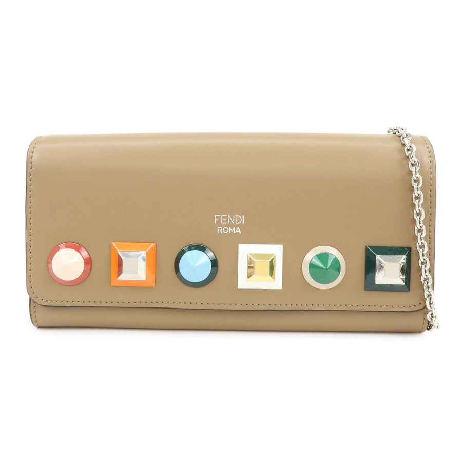 Fendi Continental Wallet On Chain Studded Leather Beige Bag