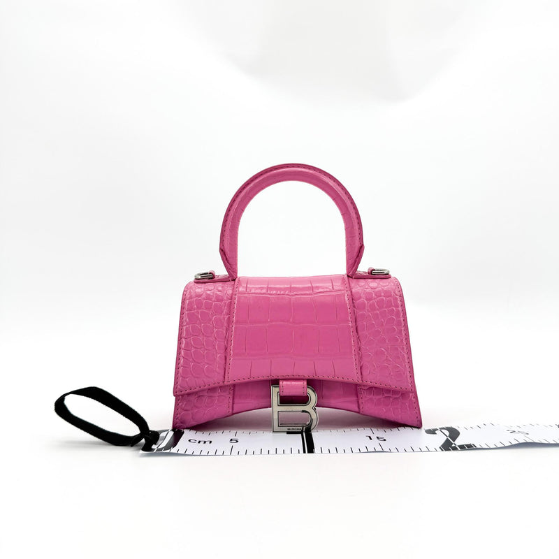 Balenciaga Hourglass Top Handle Crocodile Embossed Leather Pink Bag