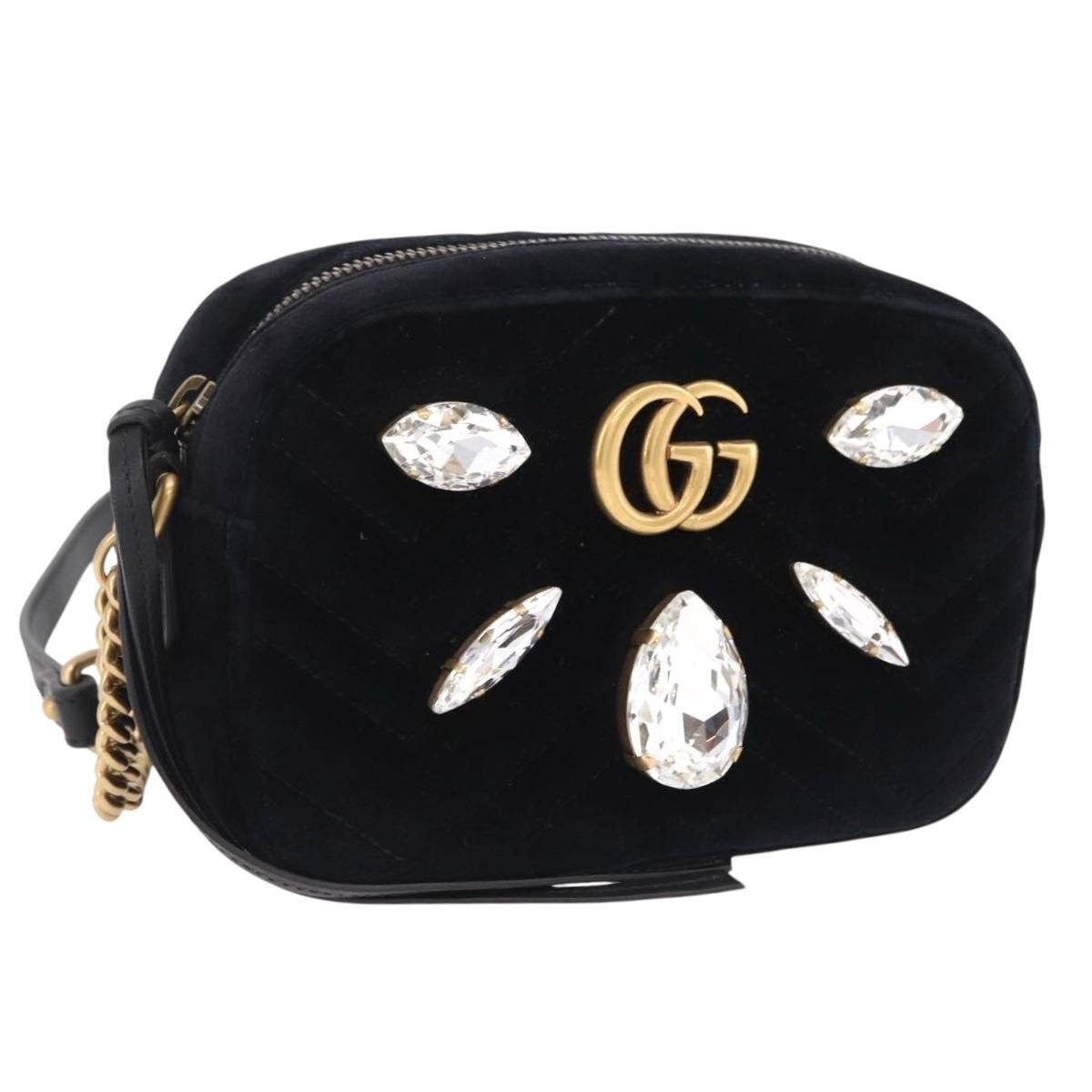 Gucci Gg Marmont Crystal Embellished Matelasse Velvet Black Bag