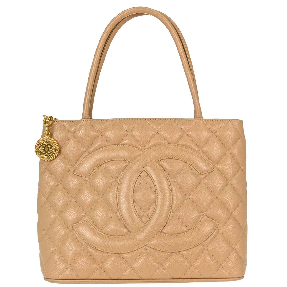 Chanel Medallion Quilted Caviar Beige Leather Bag