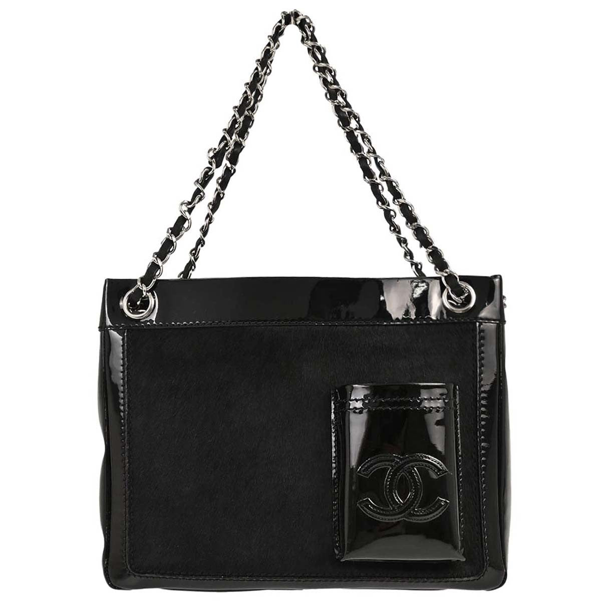 Chanel Cc Pocket Pony Hair With Patent Black Patent_leather Bag