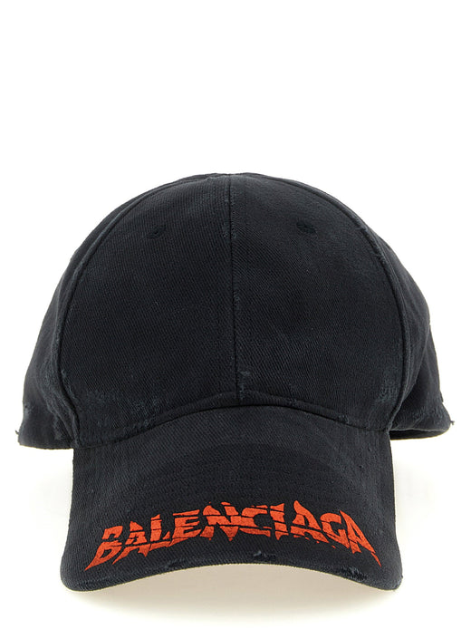 Balenciaga Distressed Logo Baseball Cap — Black Cotton Drill Caps