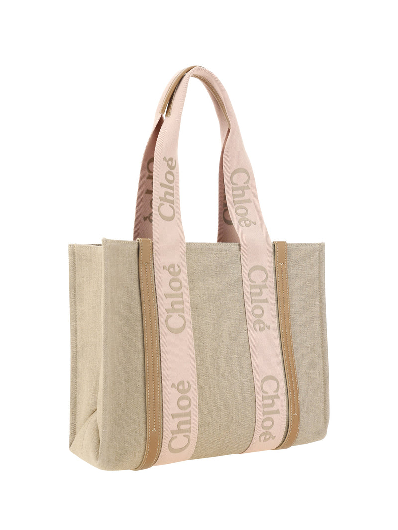 Chloé Linen With Leather Trim Shoulder Bag — Beige