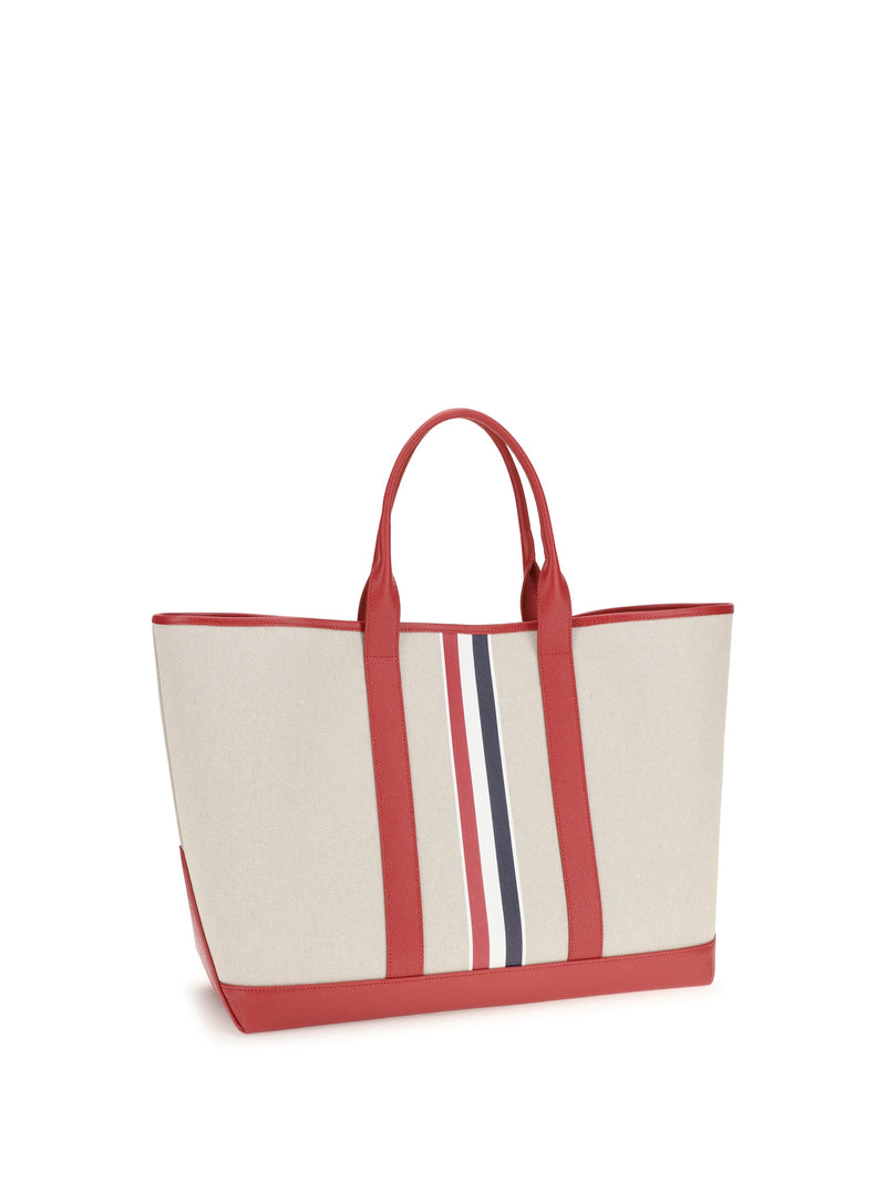 Thom Browne Canvas With Striped Trim Tote Bag — Red