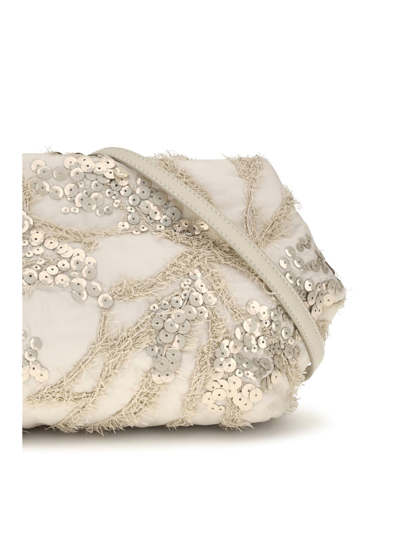 Brunello Cucinelli Sequin-Embroidered Silk Organza Clutch — Beige