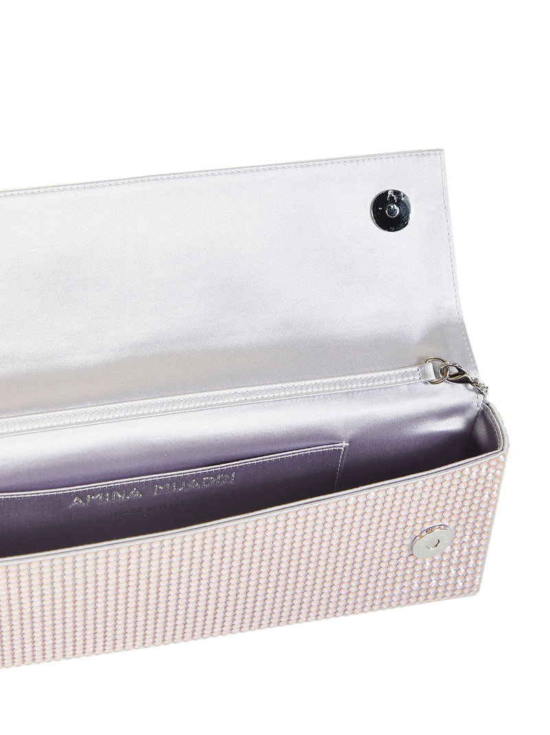 Amina Muaddi Amini Paloma Clutch — Gray Satin