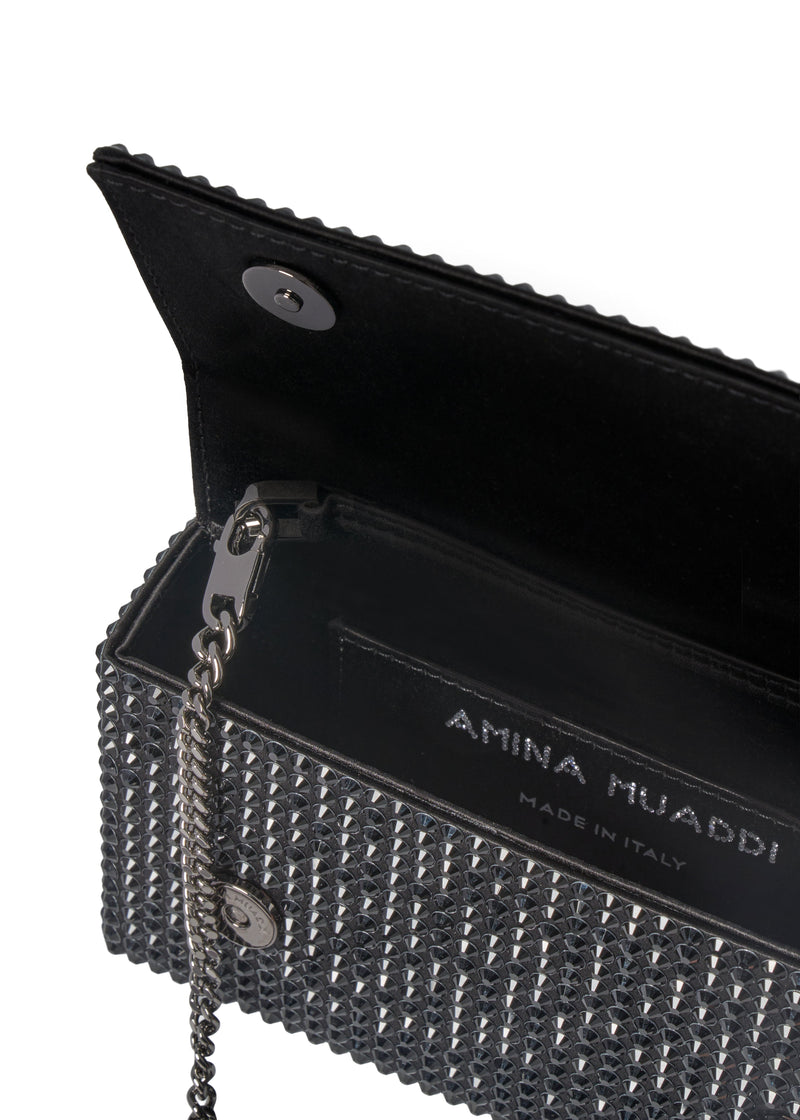 Amina Muaddi Crystal Embellished Clutch — Black Silk