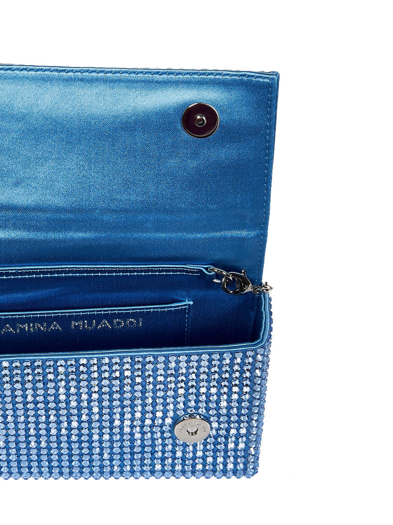 Amina Muaddi Crystal-Embellished Satin Clutch — Blue