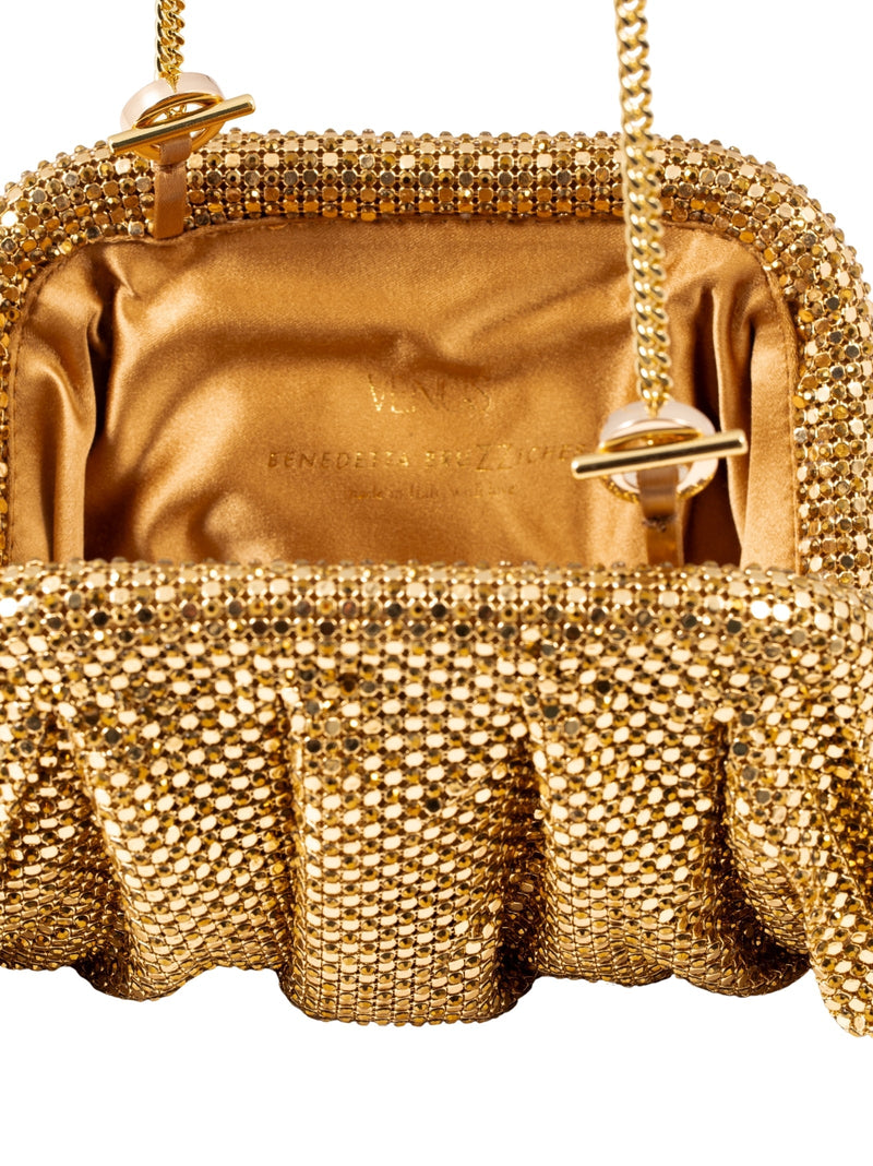 Benedetta Bruzziches Crystal-Embellished Mesh Clutch — Gold