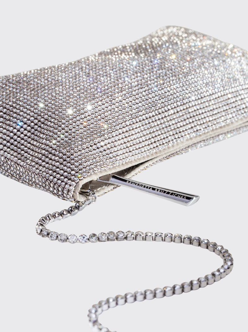 Benedetta Bruzziches Crystal-Embellished Brass Mesh Clutch — Silver