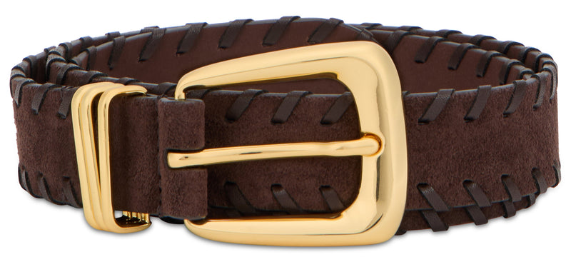 Veronica Beard Gold Buckle Leather Belt — Brown Calf Skin