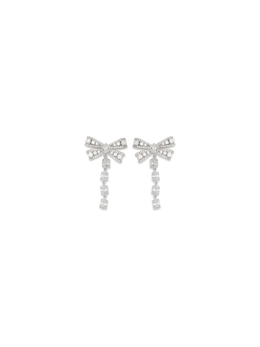 Self-Portrait Crystal Bow Drop Earrings — Silver Brass