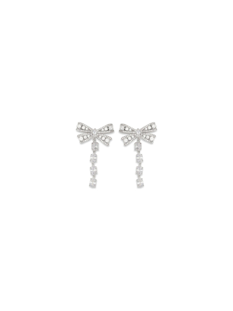Self-Portrait Crystal Bow Drop Earrings — Silver Brass