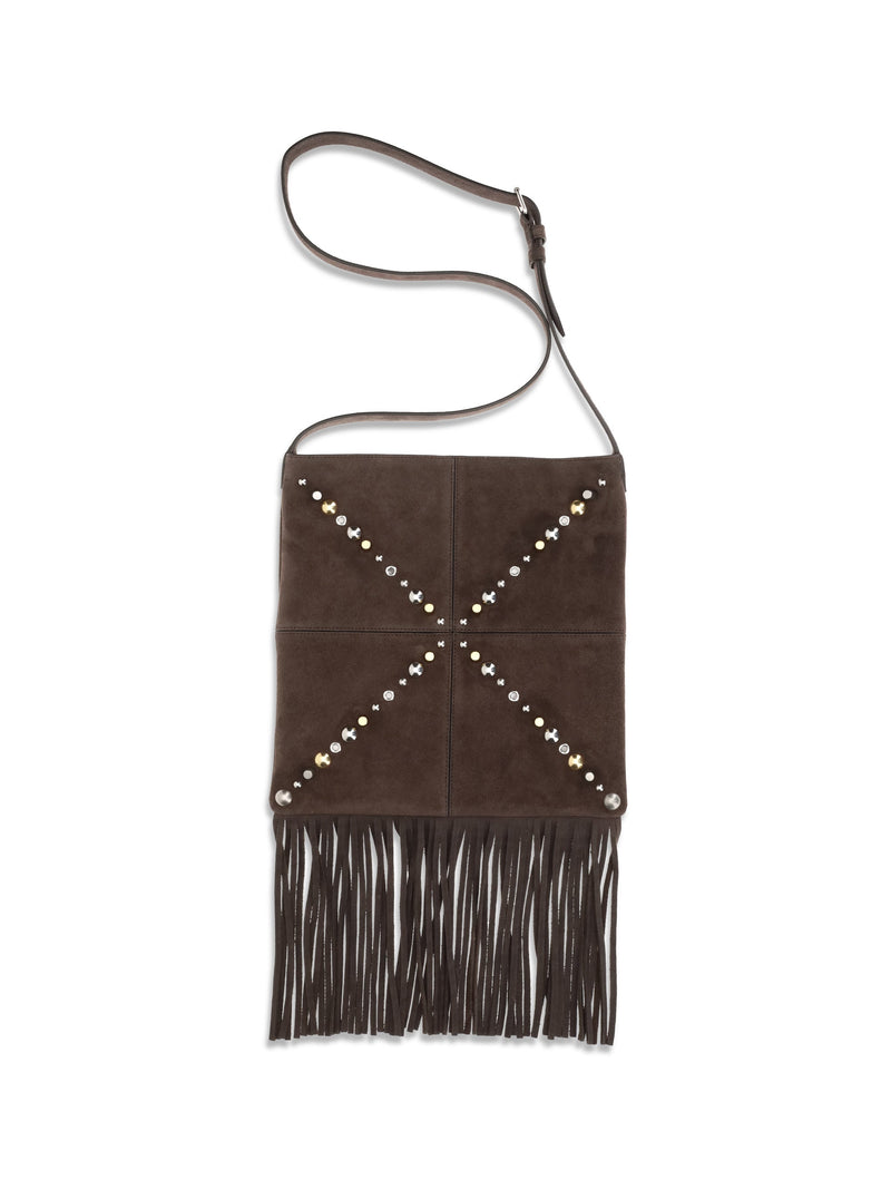 Valentino Garavani Studded Suede Shoulder Bag — Brown Calf Leather Bos Taurus