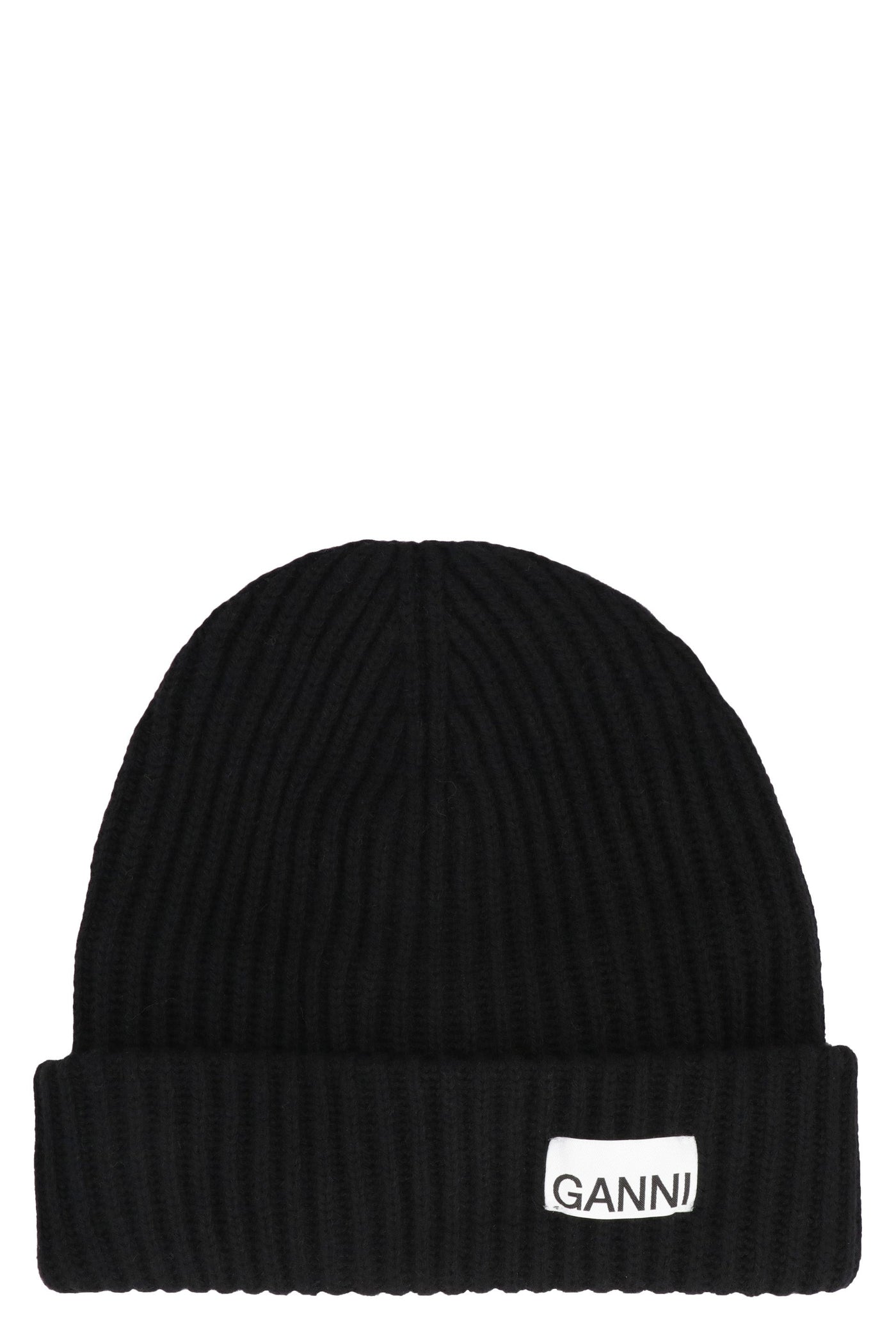 Ganni A4429 Ribbed Wool Knit Beanie — Black Beanies