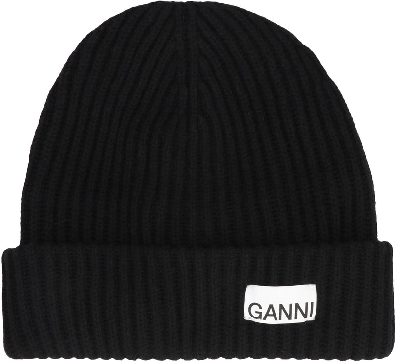 Ganni A4429 Ribbed Wool Knit Beanie — Black Beanies