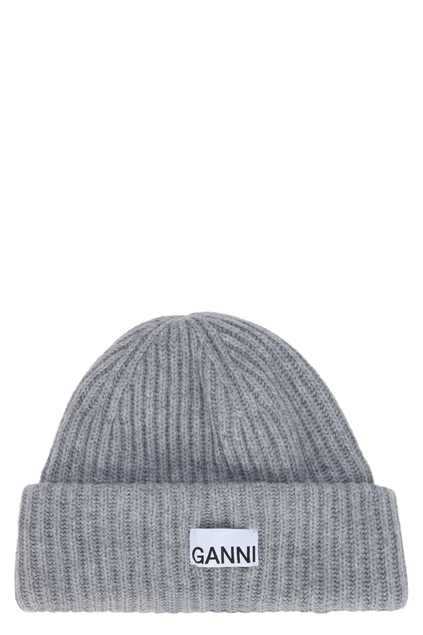 Ganni A4429 Ribbed Wool-Blend Beanie — Gray Beanies