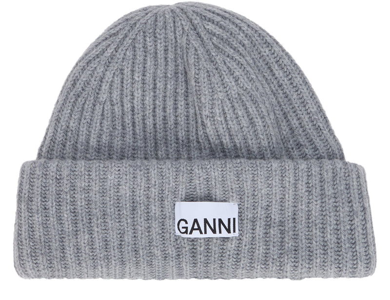 Ganni A4429 Ribbed Wool-Blend Beanie — Gray Beanies