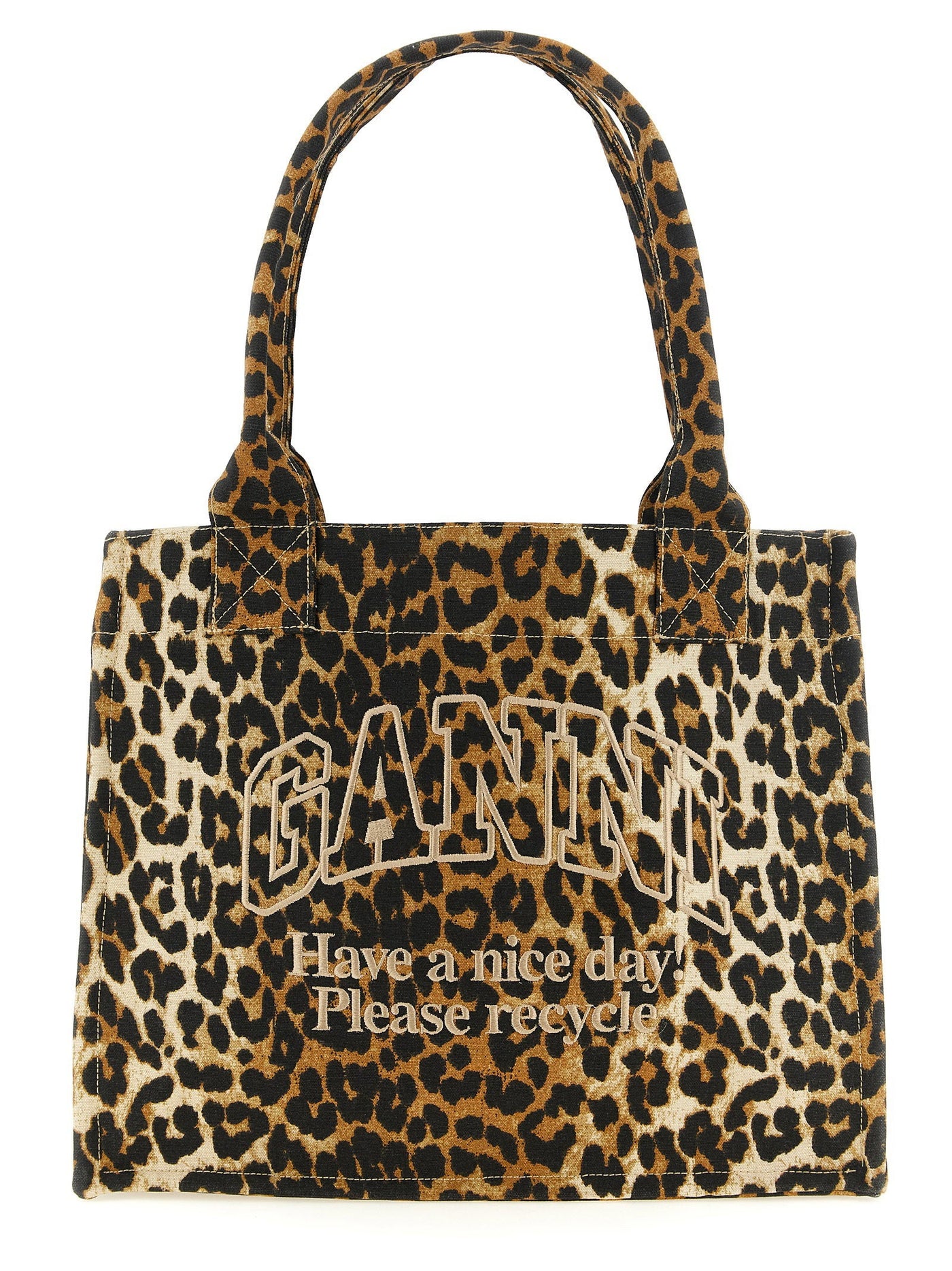 Ganni Leopard Tote Bag — Brown Recycled Cotton Canvas