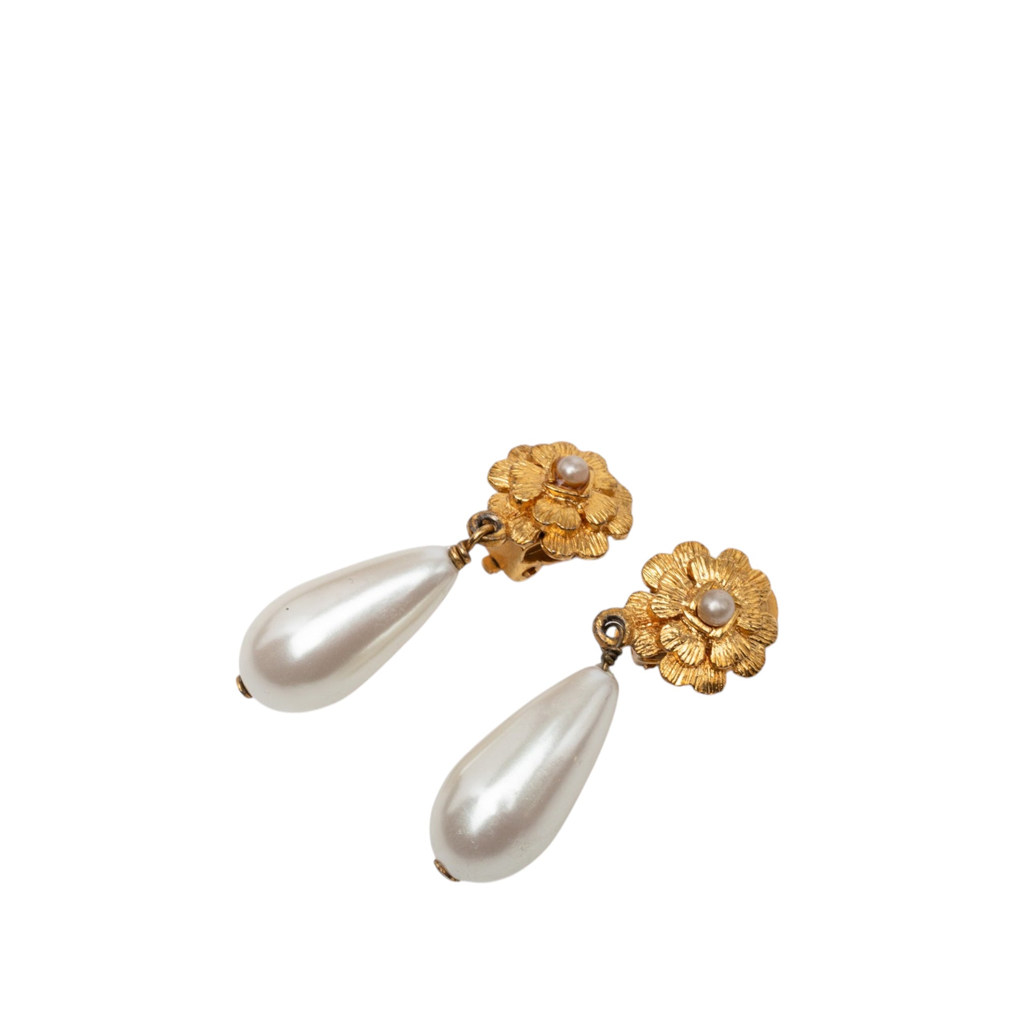 Gold Plated Faux Pearl Camellia Drop Clip On Earrings - Image 1
