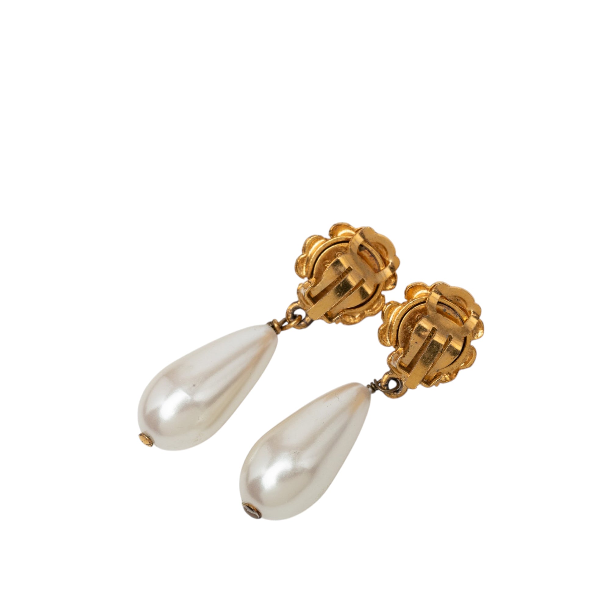 Gold Plated Faux Pearl Camellia Drop Clip On Earrings - Image 2