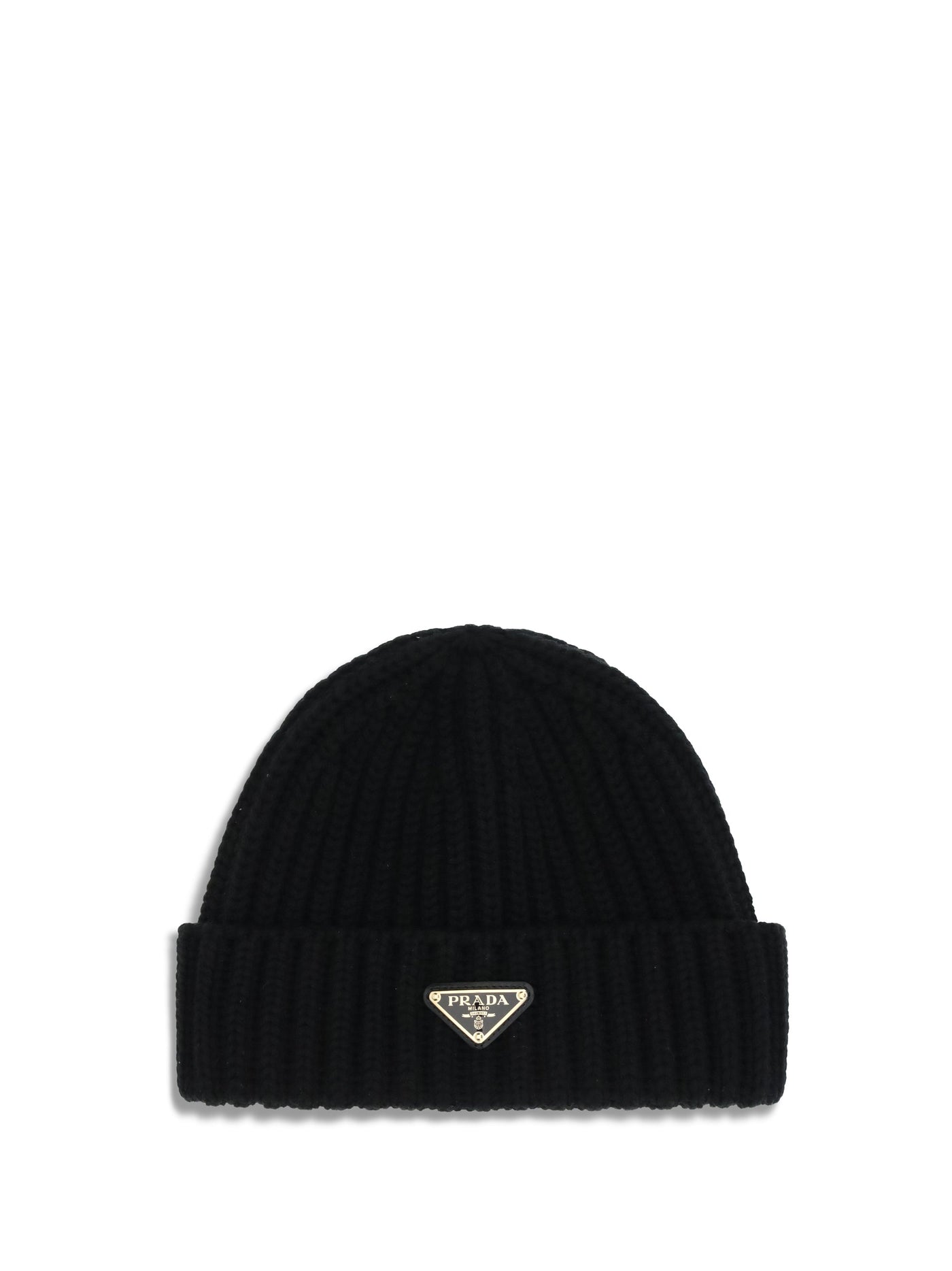Prada 1hc3902dzl Virgin Wool Ribbed Beanie — Black Fleece Ovis Aries Beanies