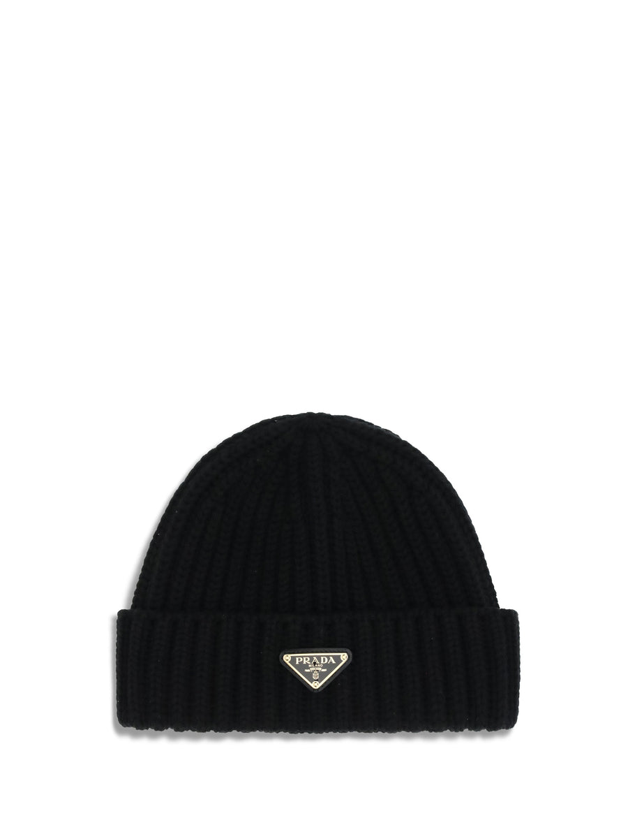 Prada 1hc3902dzl Virgin Wool Ribbed Beanie — Black Fleece Ovis Aries Beanies